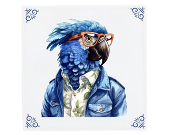 Delft Blue Ceramic Tile: Happy Hipster Parrot | Modern Dutch Design, Handcrafted Ceramic Art, Unique Home Decor & Gift, Traditional Charm