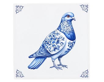Homing Pigeon, Blue Delft Ceramic Tile | Hand-Finished Artisan Wall Decor - Made To Order, 11x11 15x15 20x20