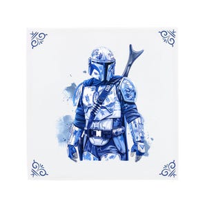 Delft Blue Ceramic Tile: Star wars Mandalorian | Modern Dutch Design, Handcrafted Ceramic Art, Unique Home Decor & Gift, Traditional Charm