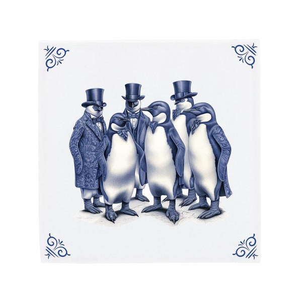 Delft Blue Ceramic Tile: Penguins | Modern Dutch Design, Handcrafted Ceramic Art, Unique Home Decor & Gift, Traditional Charm