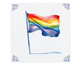 Delft Blue Ceramic Tile: Pride Rainbow Flag | Modern Dutch Design, Handcrafted Ceramic Art, Unique Home Decor & Gift, Traditional Charm