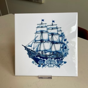 Delft Blue Ceramic Tile: Classic Sailing Ship Modern Dutch Design, Handcrafted Ceramic Art, Unique Home Decor & Gift, Traditional Charm image 3