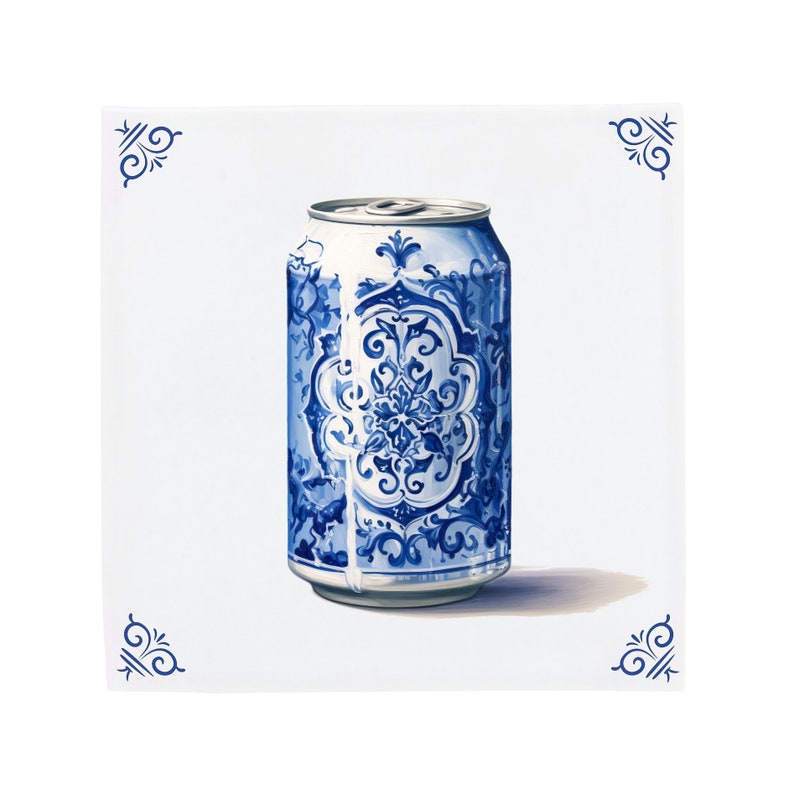 Carreau de céramique bleu de Delft : canette de soda décorée Design hollandais moderne, oeuvre d'art en céramique faite main, cadeau et décoration d'intérieur uniques, charme traditionnel image 1