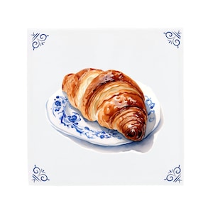 Arte de panadería con croissant, azulejos azules de Delft, decoración de cocina francesa, hojaldre, arte de panadería francesa, arte de cocina de porcelana, arte para amantes de la comida, regalo para amantes de la comida