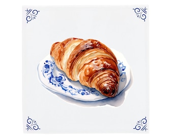Croissant Bakery Art Delft Blue Tile, French Kitchen Decor, Puff Pastry, French Bakery Art, Porcelain Kitchen Art, Foodie Art, Foodie Gift