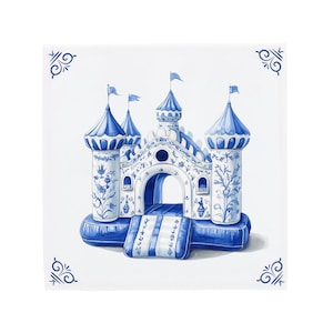 Delft Blue Ceramic Tile: Bouncy Castle | Modern Dutch Design, Handcrafted Ceramic Art, Unique Home Decor & Gift, Traditional Charm