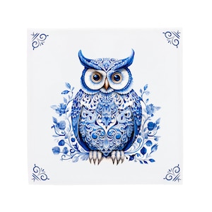 Delft Blue Ceramic Tile: Chubby Owl | Modern Dutch Design, Handcrafted Ceramic Art, Unique Home Decor & Gift, Traditional Charm