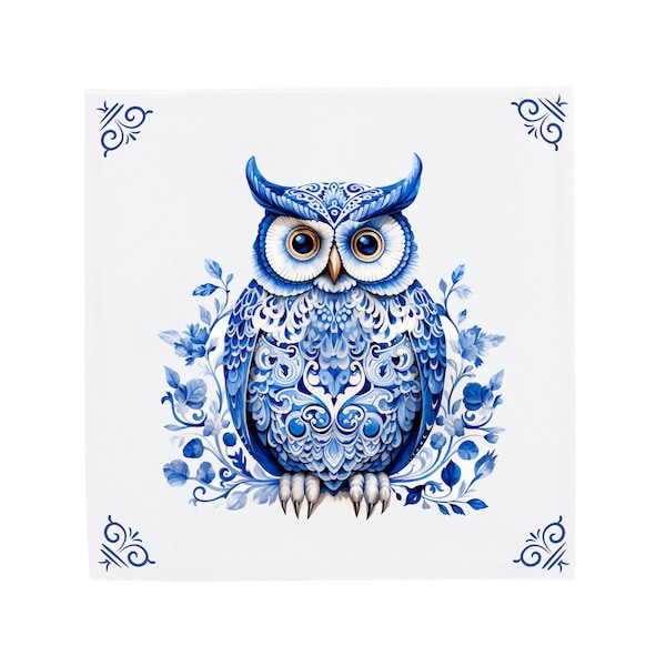 Delft Blue Ceramic Tile: Chubby Owl | Modern Dutch Design, Handcrafted Ceramic Art, Unique Home Decor & Gift, Traditional Charm