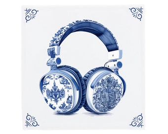 Delft Blue Ceramic Tile: Headphones | Modern Dutch Design, Handcrafted Ceramic Art, Unique Home Decor & Gift, Traditional Charm