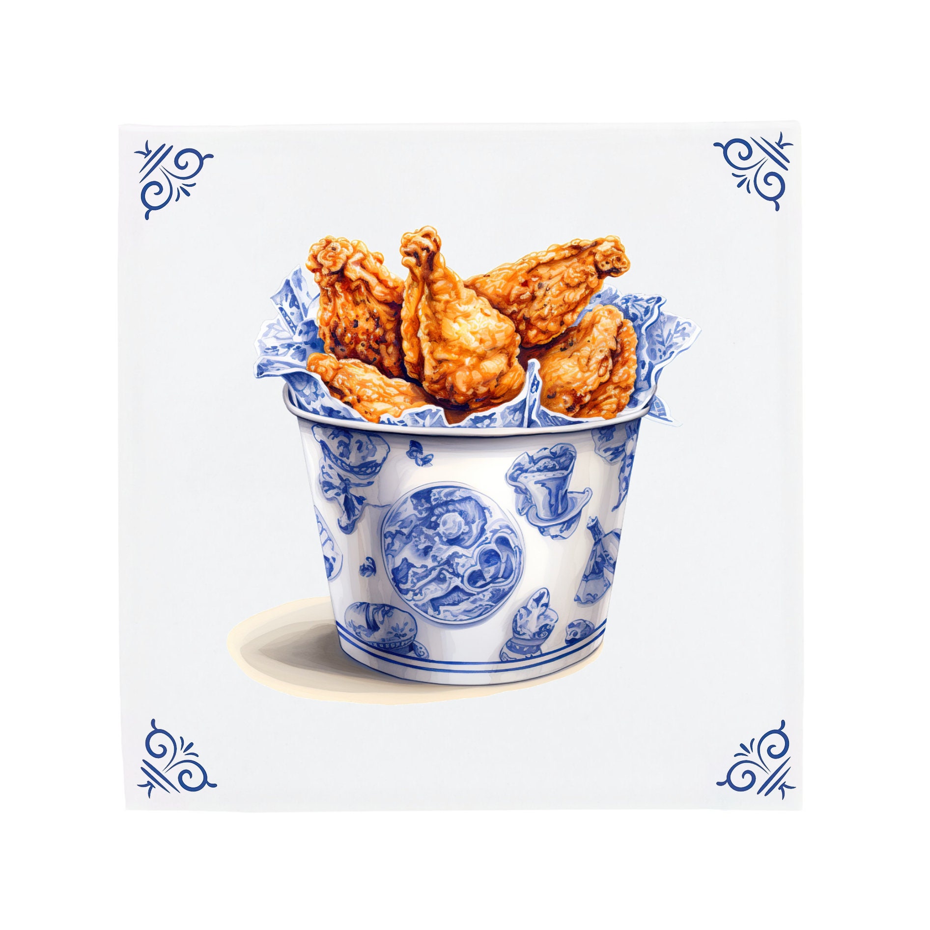 Vintage KFC bucket, Kentucky Fried Chicken, Foodie Art, Handmade Delft Blue Tile, Fast Food Kitchen decor, Ceramic Kitchen Backsplash