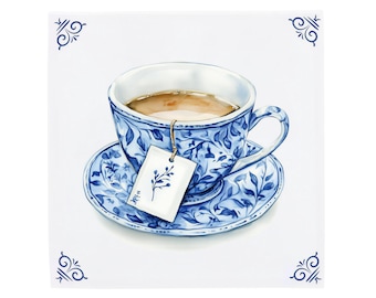 Ceramic Tile Artwork, Tea Teacup Panel, Oven-Baked Glaze - Hand-Finished, Small-Batch, Sizes 11x11 15x15 20x20