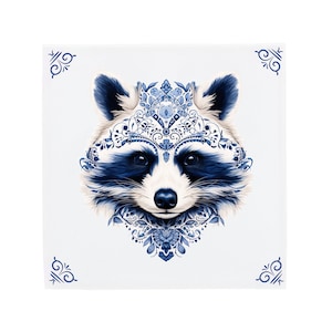 Delft Blue Ceramic Tile: Majestic Racoon | Modern Dutch Design, Handcrafted Ceramic Art, Unique Home Decor & Gift, Traditional Charm