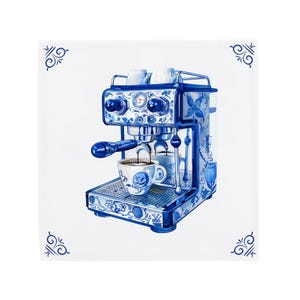 May include: A blue and white espresso machine with a cup of coffee being poured. The machine is decorated with a floral pattern and has a silver handle.