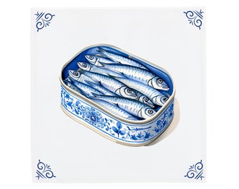 Lata de sardinas, lata de pescado, azulejo azul de Delft, pescado enlatado, arte gastronómico y regalo gastronómico, azulejos de cerámica hechos a mano para salpicaduras de cocina, decoración de cocina