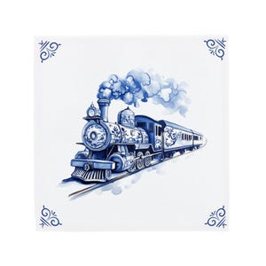 Delft Blue Ceramic Tile: Steam Train | Modern Dutch Design, Handcrafted Ceramic Art, Unique Home Decor & Gift, Traditional Charm