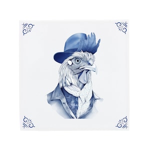 Delft Blue Ceramic Tile: Hipster Rooster | Modern Dutch Design, Handcrafted Ceramic Art, Unique Home Decor & Gift, Traditional Charm
