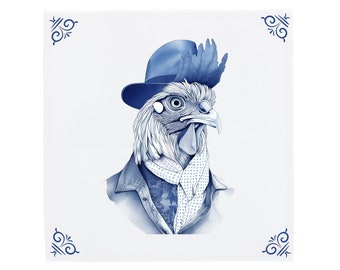 Azulejo de cerámica azul de Delft: Arte holandés del gallo (Pintado a mano, varios tamaños)