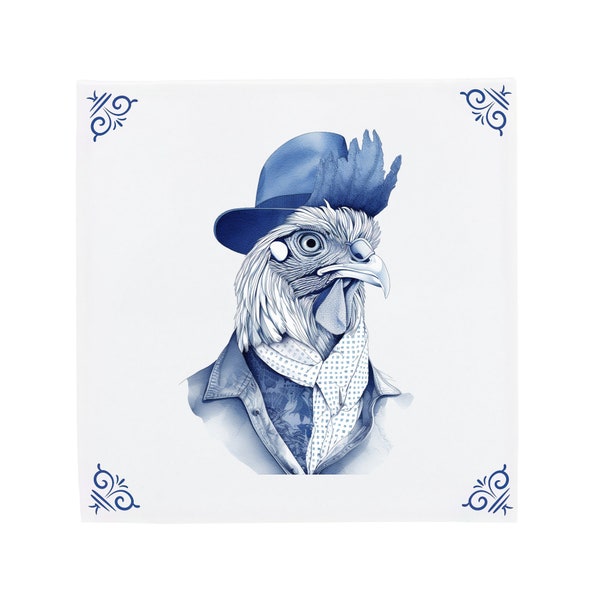 Delft Blue Ceramic Tile: Dutch Rooster Art (Hand-Painted, Multiple Sizes)