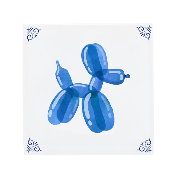 Delft Blue Ceramic Tile: Jeff Koons Balloon Dog | Modern Dutch Design, Handcrafted Ceramic Art, Unique Home Decor & Gift, Traditional Charm