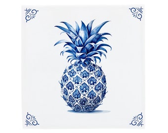 Delfts Blauwe Keramiektegel: Gedecoreerde Tropische Ananas | Modern Nederlands design, handgemaakte keramische kunst, uniek woondecoratie en cadeau, traditie