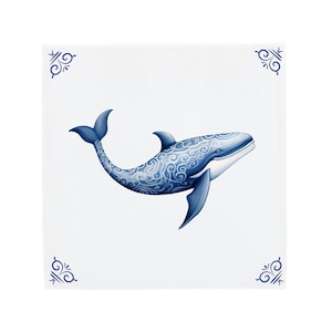 Delft Blue Ceramic Tile: Decorated Blue Whale | Modern Dutch Design, Handcrafted Ceramic Art, Unique Home Decor & Gift, Traditional Charm