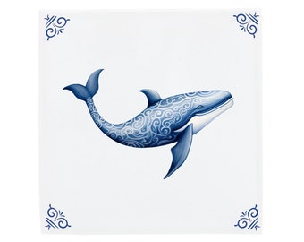 Delft Blue Ceramic Tile: Decorated Blue Whale | Modern Dutch Design, Handcrafted Ceramic Art, Unique Home Decor & Gift, Traditional Charm