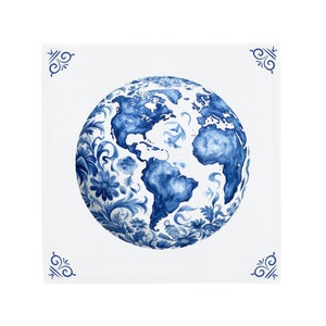 Delft Blue Ceramic Tile: Planet Earth Globe | Modern Dutch Design, Handcrafted Ceramic Art, Unique Home Decor & Gift, Traditional Charm
