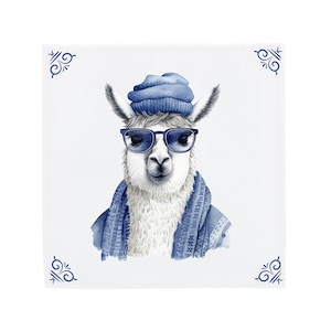Delft Blue Ceramic Tile: Hipster Alpaca | Modern Dutch Design, Handcrafted Ceramic Art, Unique Home Decor & Gift, Traditional Charm