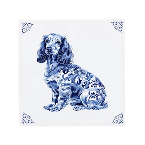Delft Blue Ceramic Tile: Long Haired Dachshund | Modern Dutch Design, Handcrafted Ceramic Art, Unique Home Decor & Gift, Traditional Charm