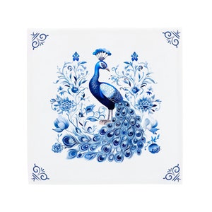 Delft Blue Ceramic Tile: Decorated Peacock | Modern Dutch Design, Handcrafted Ceramic Art, Unique Home Decor & Gift, Traditional Charm