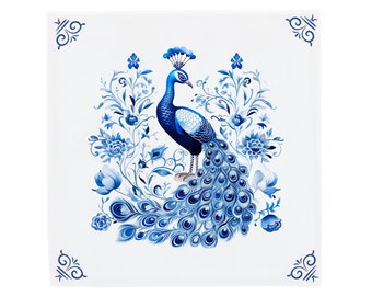 Delfts Blauwe Keramiektegel: Gedecoreerde Pauw | Modern Nederlands design, handgemaakte keramische kunst, unieke woondecoratie en cadeau, traditionele charme