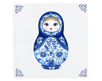 Matryoshka Doll Art, Blue Folk Ceramic Tile - Hand-Finished Piece | Baked Artwork, Sizes 11x11, 15x15, 20x20