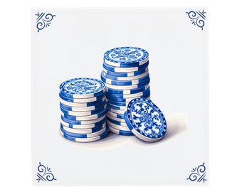 Könnte beinhalten: Ein Stapel blauer und weißer Keramik-Pokerchips mit einem floralen Design. Die Chips sind in Pyramidenform angeordnet.