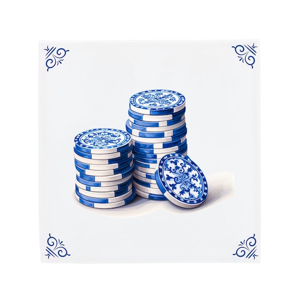 Delft Blue Ceramic Tile: Poker chips | Modern Dutch Design, Handcrafted Ceramic Art, Unique Home Decor & Gift, Traditional Charm