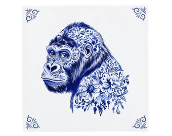 Delft Blue Gorilla Tile - Handpainted Dutch Ceramic Art