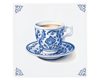 Versierde espressokopje Delfts blauwe keramische tegel, koffiekunst, cadeau voor koffieliefhebbers, versierde koffiekopje, huis- en keukendecor