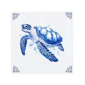 Handmade Delft Blue Ceramic Turtle Tile, Sea Turtle Wall Décor, Beach House Décor, Sea Turtle Wall Art, Unique Vintage Bathroom Tiles Corner Ornaments