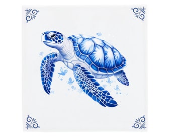 Handgemaakte Delfts Blauwe Keramische Schildpad Tegel, Zeeschildpad Muur Decor, Strandhuis Decor, Zeeschildpad Muur Kunst, Unieke Vintage Badkamer Tegels