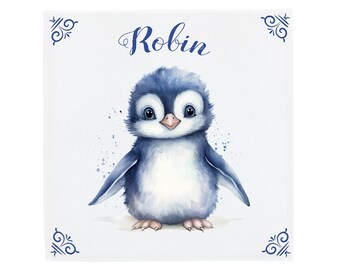 Delft Blue Ceramic Tile: Birth Tile Penguin | Modern Dutch Design, Handcrafted Ceramic Art, Unique Home Decor & Gift, Traditional Charm