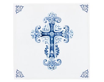 Carreau de céramique bleu de Delft : croix décorée | Design hollandais moderne, oeuvre d'art en céramique faite main, cadeau et décoration d'intérieur uniques, charme traditionnel