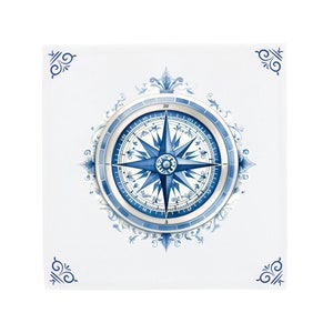 Delft Blue Ceramic Tile: Classic Vintage Compass | Modern Dutch Design, Handcrafted Ceramic Art, Unique Home Decor & Gift, Traditional Charm