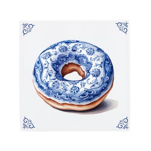 Arte delle piastrelle in ceramica blu Delft con ciambella smaltata, Dunkin Donuts o Krispy Kreme, arte gastronomica, arte della ciambella, design olandese di arte alimentare, regalo gastronomico immagine 1