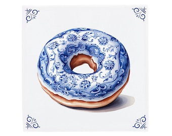 Arte delle piastrelle in ceramica blu Delft con ciambella smaltata, Dunkin Donuts o Krispy Kreme, arte gastronomica, arte della ciambella, design olandese di arte alimentare, regalo gastronomico