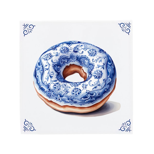 Arte delle piastrelle in ceramica blu Delft con ciambella smaltata, Dunkin Donuts o Krispy Kreme, arte gastronomica, arte della ciambella, design olandese di arte alimentare, regalo gastronomico