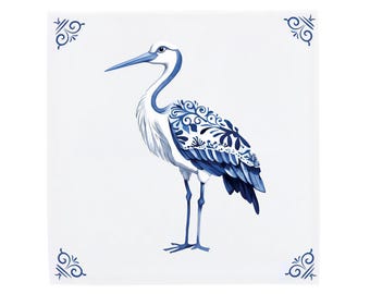 Stork Ceramic Tile, Blue Delft Nursery Accent, Hand Finished Art - Made To Order, 11x11, 15x15, 20x20