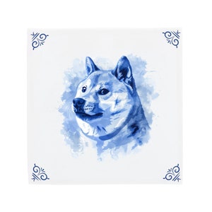 Delft Blue Ceramic Tile: Dogecoin Crypto Sign | Modern Dutch Design, Handcrafted Ceramic Art, Unique Home Decor & Gift, Traditional Charm