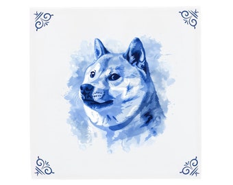 Delft Blaue Keramikfliese: Dogecoin Kryptozeichen | Modernes Niederländisches Design, Handgefertigte Keramik Kunst, Einzigartiges Wohndekor & Geschenk, Traditioneller Charme