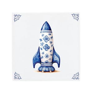 Delft Blue Ceramic Tile: Rocketship| Modern Dutch Design, Handcrafted Ceramic Art, Unique Home Decor & Gift, Traditional Charm