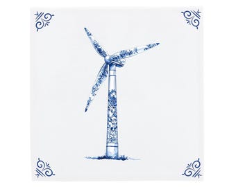 Delft Blue Ceramic Tile: Wind turbine | Modern Dutch Design, Handcrafted Ceramic Art, Unique Home Decor & Gift, Traditional Charm