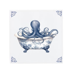 Octopus in Bathtub Delft Blue Ceramic tile, seaside bathroom or shower decor, squid, porcelain art, bathroom tiles for beach house